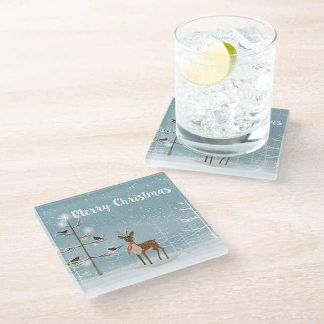 Merry Christmas- Deer In The Snowy Woods Glass Coaster (Angled)
