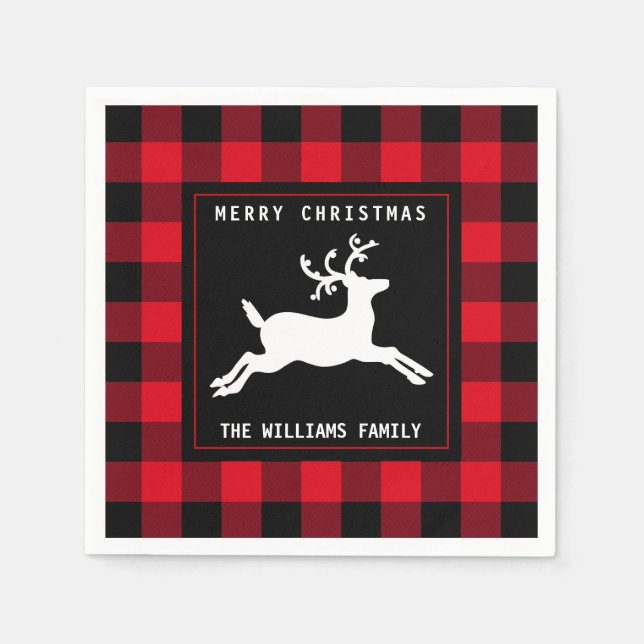 Merry Christmas Deer Red Black Buffalo Check Napkin (Front)