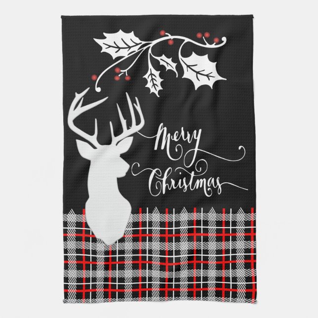 Merry Christmas Deer - Red Plaid Tea Towel (Vertical)