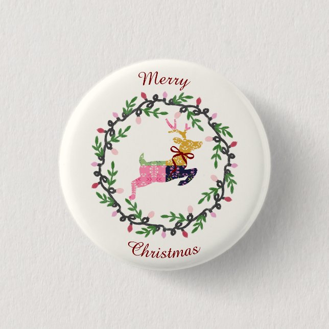 Merry Christmas Deer with Wreath Customize 3 Cm Round Badge (Front)