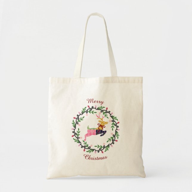 Merry Christmas Deer with Wreath Customize Tote Bag (Front)