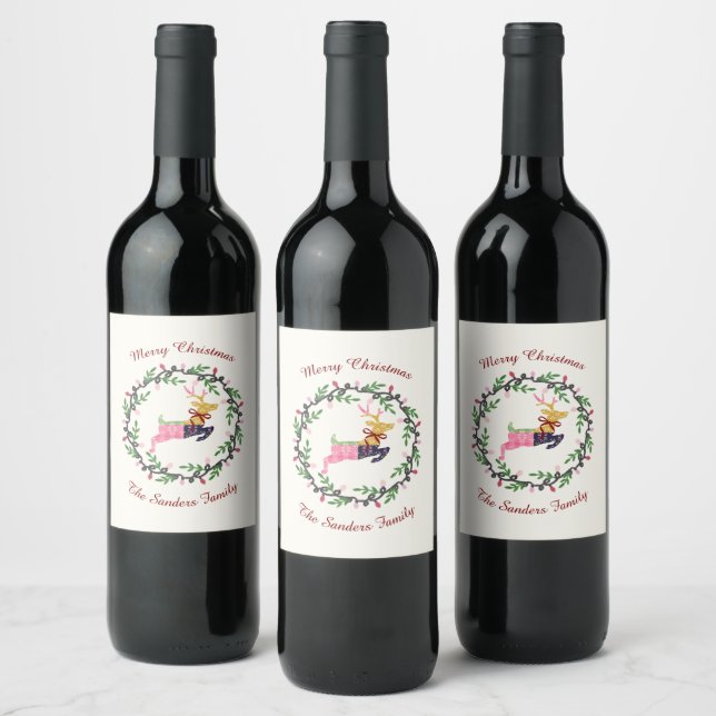 Merry Christmas Deer with Wreath Customize Wine Label (Bottles)