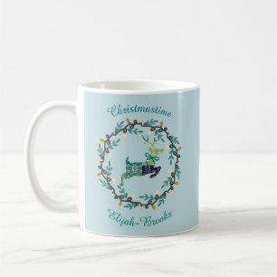 Merry Christmas Deer with Wreath Teal Customize Coffee Mug