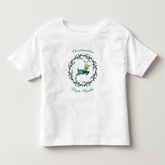 Merry Christmas Deer with Wreath Teal Customize Toddler T-Shirt (Front)