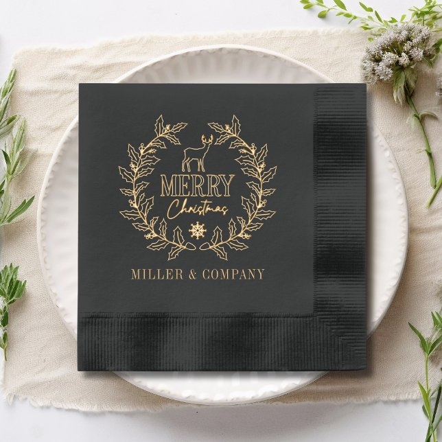 Merry Christmas Deer Wreath Corporate Personalised Foil Napkins (Creator Uploaded)