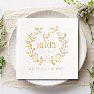 Merry Christmas Deer Wreath Corporate Personalised Foil Napkins