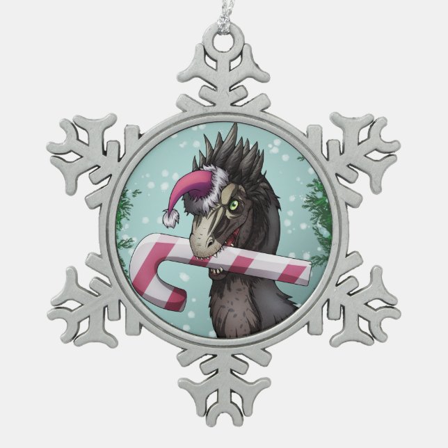 Merry Christmas Dinosaur  Snowflake Pewter Christmas Ornament (Front)