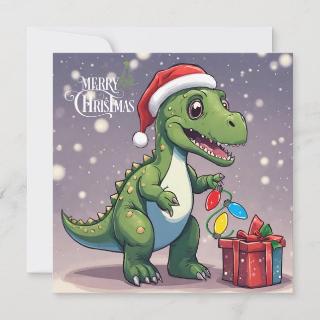 Merry Christmas Dinosaur with Present Holiday Card (Front)