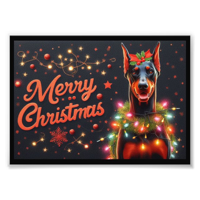 Merry Christmas Doberman Dog Twinkling Xmas Lights Photo Print (Front)