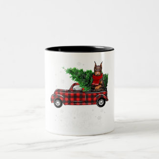 Merry Christmas Doberman Pinscher Red Truck Xmas Two-Tone Coffee Mug