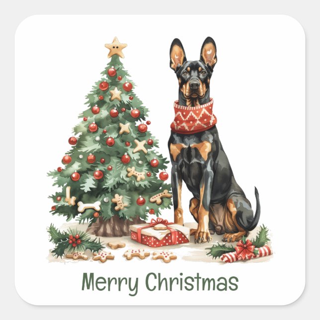 Merry Christmas Dobermann Dogs Square Sticker (Front)