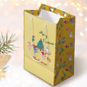 Merry Christmas Dog Ice Skating Custard Yellow Medium Gift Bag