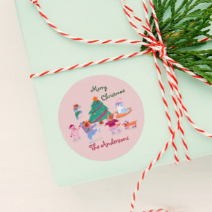 Merry Christmas Dog Ice Skating Name Blush Pink Classic Round Sticker