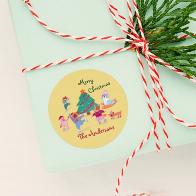 Merry Christmas Dog Ice Skating Name Pastel Yellow Classic Round Sticker (Creator Uploaded)