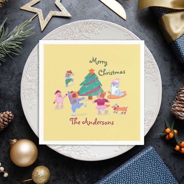 Merry Christmas Dog Ice Skating Name Pastel Yellow Napkin (Creator Uploaded)