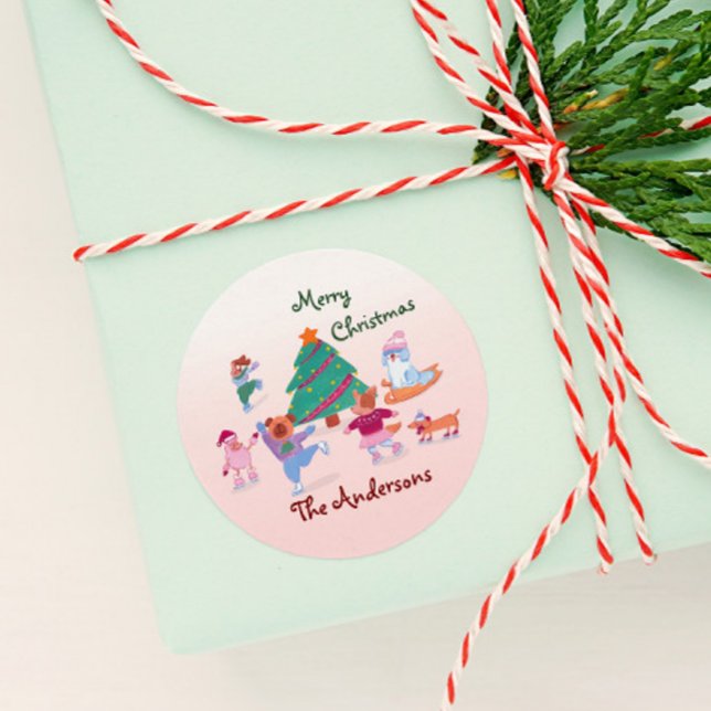 Merry Christmas Dog Ice Skating Name Pink Gift Classic Round Sticker (Creator Uploaded)
