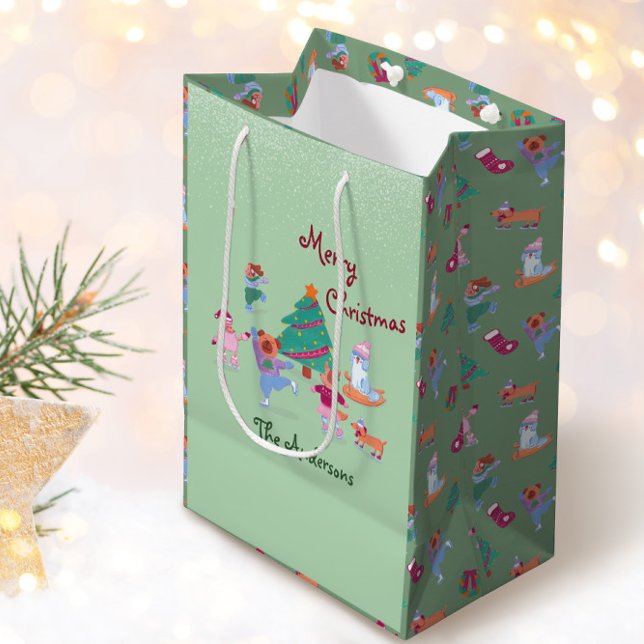 Merry Christmas Dog Ice Skating Pistachio Green Medium Gift Bag (Creator Uploaded)