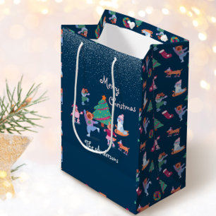 Merry Christmas Dog Ice Skating Winter Navy Blue Medium Gift Bag