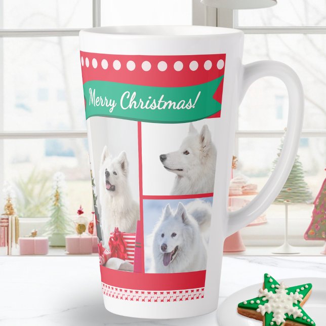 Merry Christmas Dog Mom Pet Photos Personalized Latte Mug (A Christmas latte mug for the 'Best Dog Mom Ever', with custom names and pet photos)