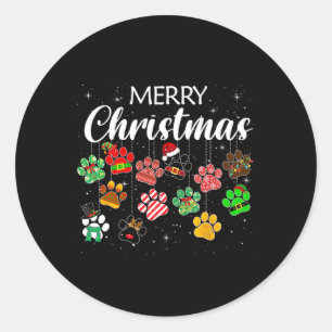 Merry Christmas Dog Paw Print Buffalo Plaid Ugly X Classic Round Sticker