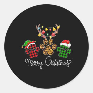 Merry Christmas Dog Paws Lights Buffalo Plaid and Classic Round Sticker