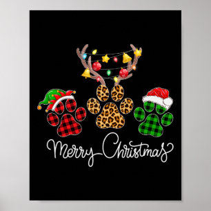 Merry Christmas Dog Paws Lights Buffalo Plaid and  Poster