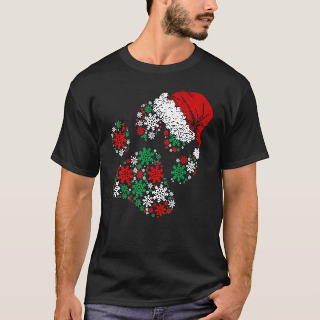 Merry Christmas Dog Paws Lights Santa Hat Snowflak T-Shirt (Front)