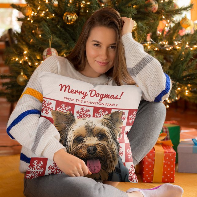 Merry Christmas Dog Yorkie Terrier Dogmas Red  Cushion (When your Yorkie is the center of your Christmas decor. )