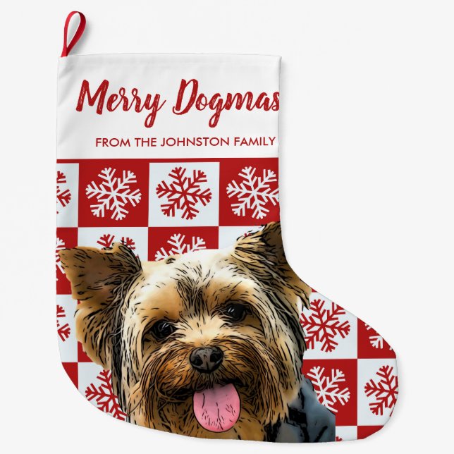 Merry Christmas Dogmas Yorkie Festive Red Dog Large Christmas Stocking (Front)