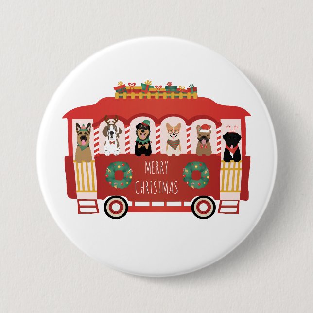 Merry Christmas Dogs Holiday Trolly 7.5 Cm Round Badge (Front)