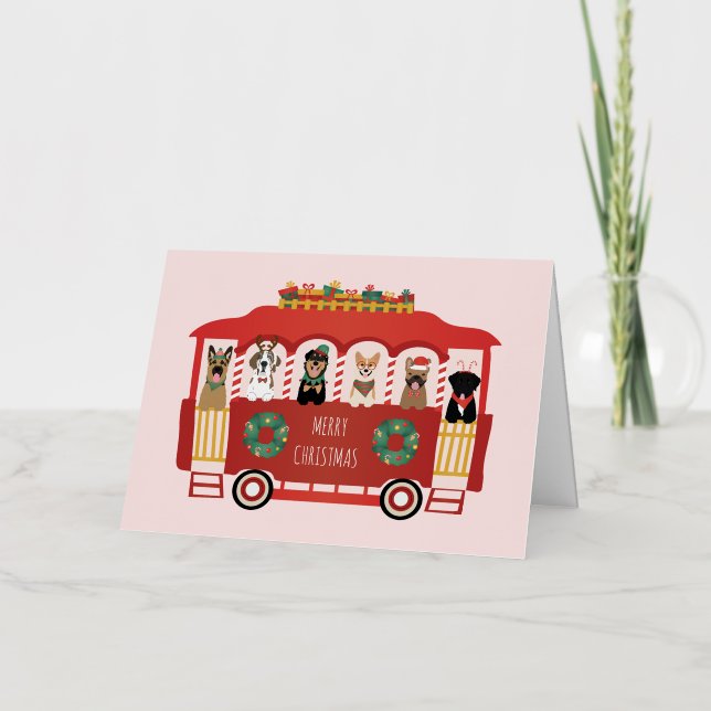 Merry Christmas Dogs Holiday Trolly Foil Greeting Card (Front)