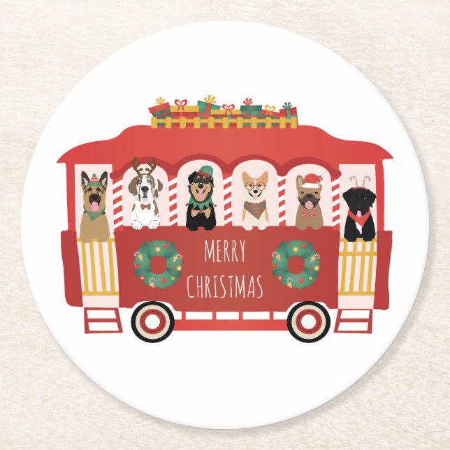 Merry Christmas Dogs Holiday Trolly Round Paper Coaster (Front)