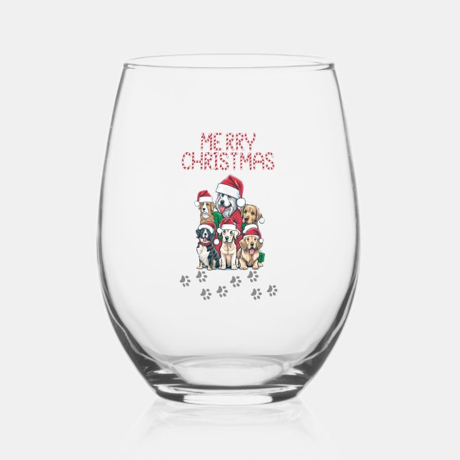 Merry Christmas dogs   Stemless Wine Glass (Front)