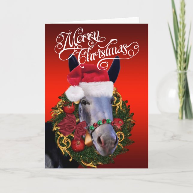 Merry Christmas Donkey and Wreath Holiday Card (Front)