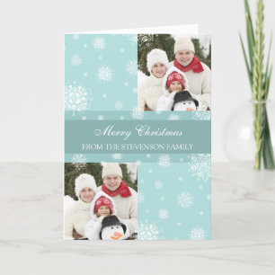 Merry Christmas Double Photo Card Blue Snow