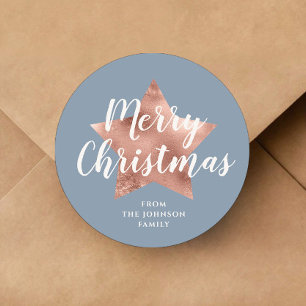 Merry Christmas Dusty Blue Rose Gold Star Classic Round Sticker