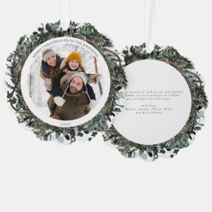Merry Christmas Dusty Winter Greenery Photo Wreath Tree Decoration Card