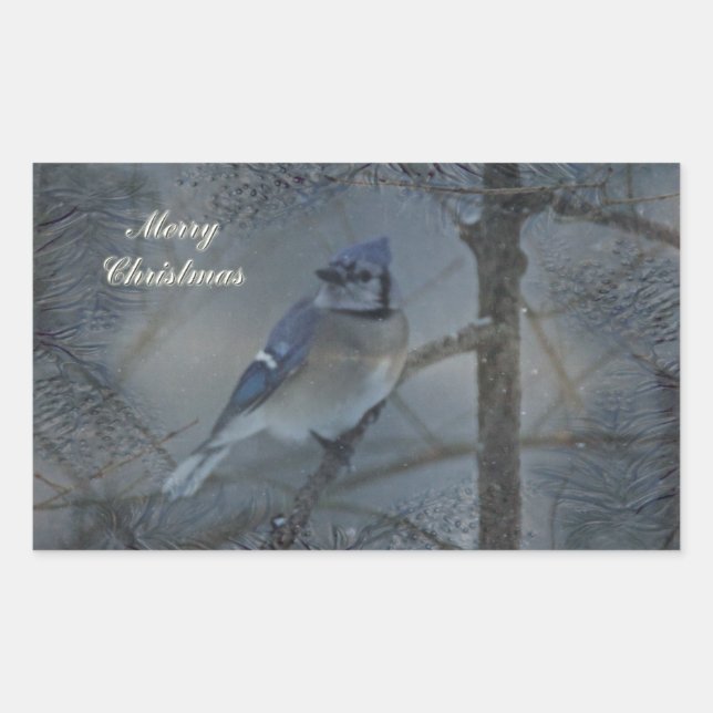 Merry Christmas - Eastern Blue Jay Rectangular Sticker (Front)