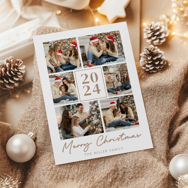 Merry Christmas Elegant Beige Family Photo Collage Holiday Card (Creator Uploaded)