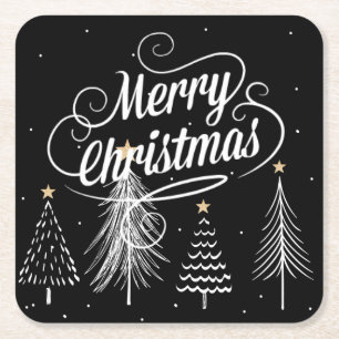 Merry Christmas, elegant black and white, Square Paper Coaster