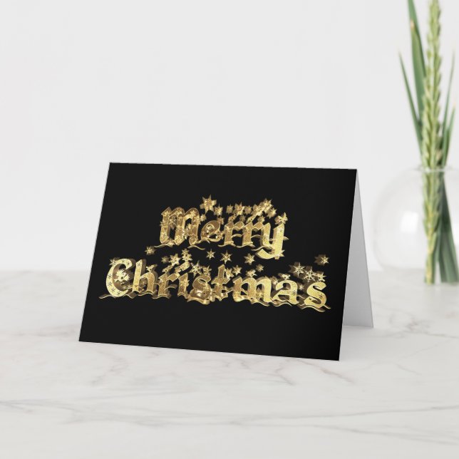 Merry Christmas Elegant Black Gold Star Typography Holiday Card (Front)