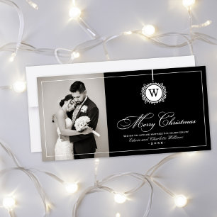 Merry Christmas Elegant Black Monogram Photo Holiday Card