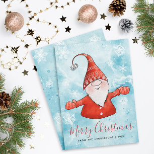 Merry Christmas Elegant Blue Red Cute Gnome Holiday Card