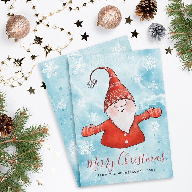 Merry Christmas Elegant Blue Red Cute Gnome Holiday Card (Creator Uploaded)