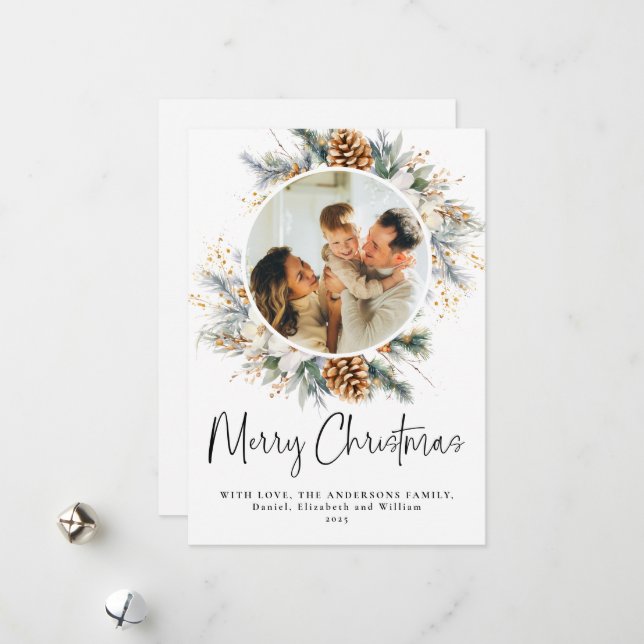 Merry Christmas Elegant Botanical Family Photo Holiday Card (Front/Back In Situ)