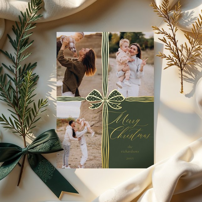 Merry Christmas Elegant Bow Present Photo Collage (Merry Christmas Elegant Bow Present Photo Collage Foil Holiday Card)
