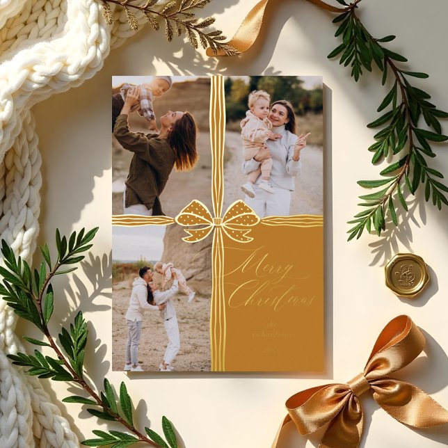 Merry Christmas Elegant Bow Present Photo Collage (Merry Christmas Elegant Bow Present Photo Collage Foil Holiday Card)