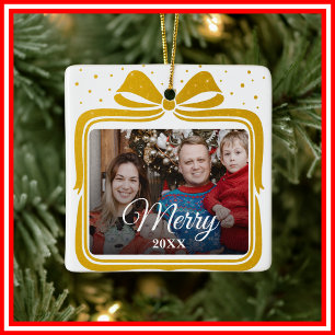  Merry Christmas Elegant Bow Present Photo Collage Ceramic Ornament
