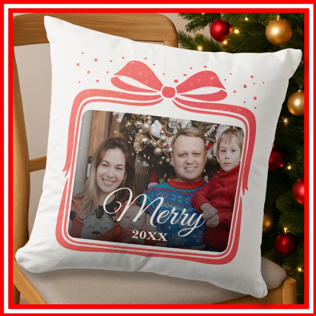  Merry Christmas Elegant Bow Present Photo Collage Cushion (Creator Uploaded)