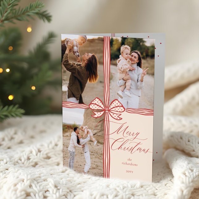 Merry Christmas Elegant Bow Present Photo Collage Holiday Card (Merry Christmas Elegant Bow Present Photo Collage Holiday Card)